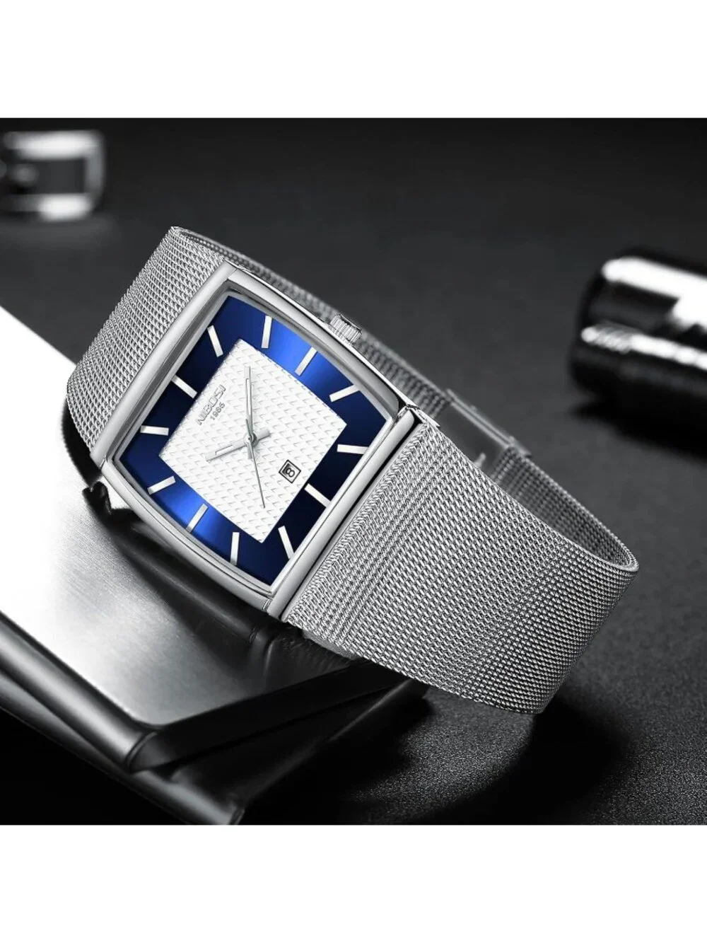 Nibosi Men's Silver Blue Square Analog Quartz Stainless Mesh Waterproof Watch